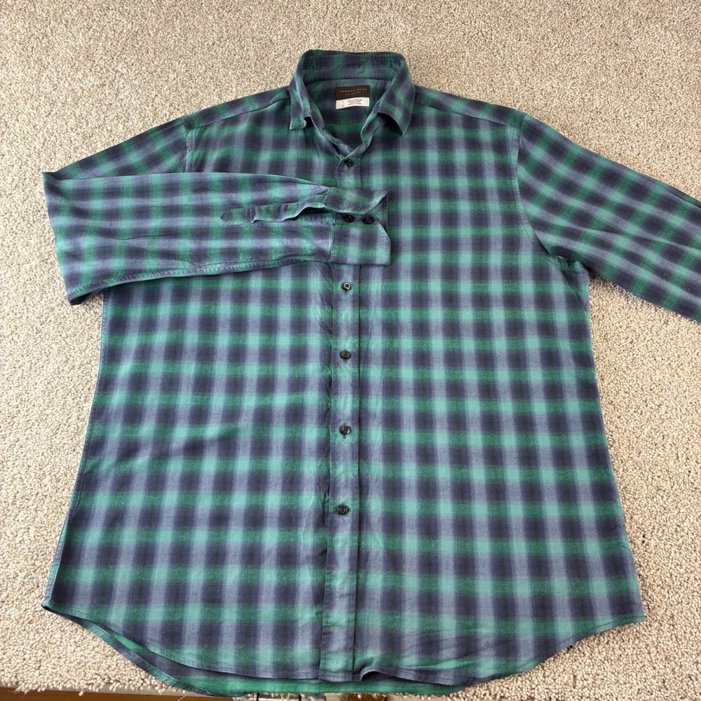 Thomas Dean Collection Plaid Button Down Shirt Long Sleeve Mens Large Green Blue